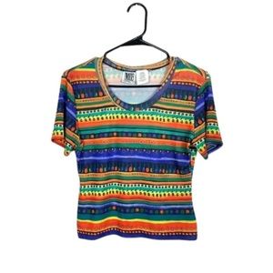 Vintage retro 1990s colorful striped floral stretchy top size large